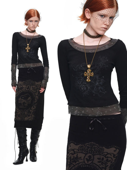 American Vintage Crew Neck Lace Color-Block Faux Two-Piece Printed Rhinestone Long-Sleeve T-Shirt【s0000018129】