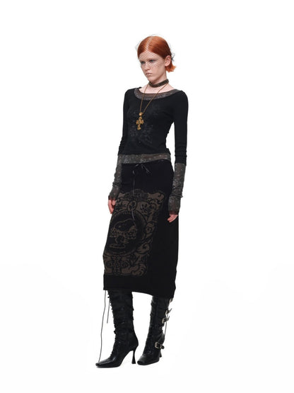 American Vintage Crew Neck Lace Color-Block Faux Two-Piece Printed Rhinestone Long-Sleeve T-Shirt【s0000018129】