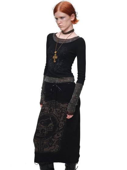 American Vintage Crew Neck Lace Color-Block Faux Two-Piece Printed Rhinestone Long-Sleeve T-Shirt【s0000018129】