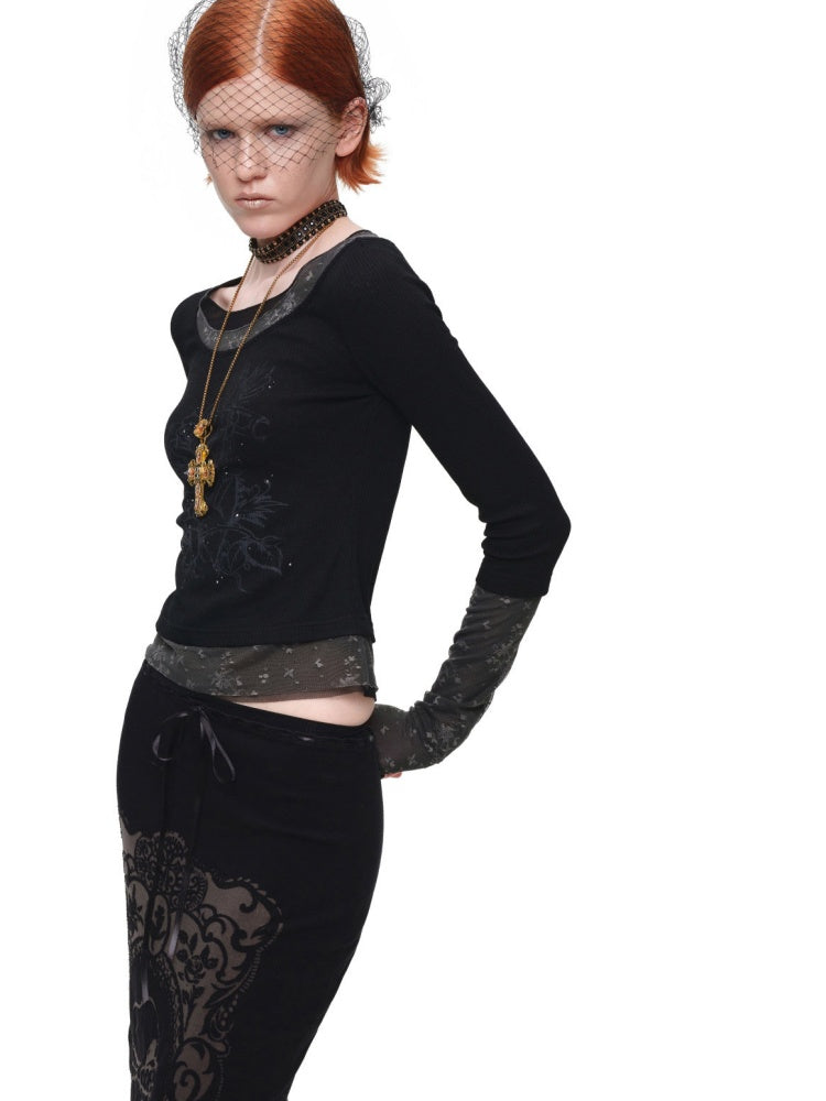 American Vintage Crew Neck Lace Color-Block Faux Two-Piece Printed Rhinestone Long-Sleeve T-Shirt【s0000018129】