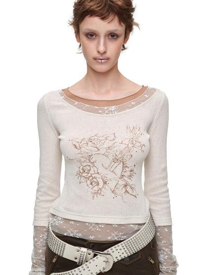 American Vintage Crew Neck Lace Color-Block Faux Two-Piece Printed Rhinestone Long-Sleeve T-Shirt【s0000018129】