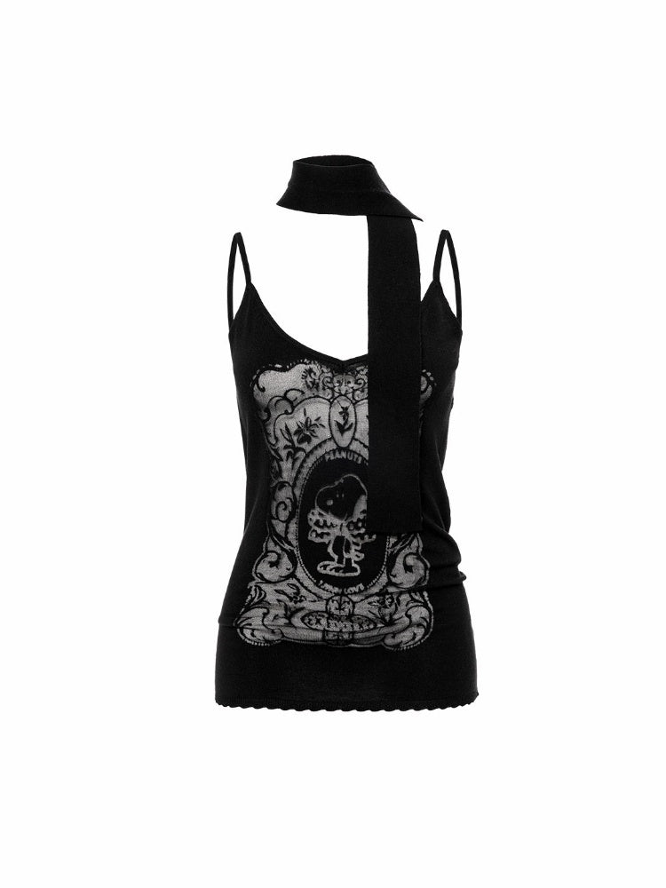 1JINN STUDIO x Snoopy Collaboration Vintage Picture Frame Slightly Sheer V-Neck Ribbon Camisole【s0000018130】