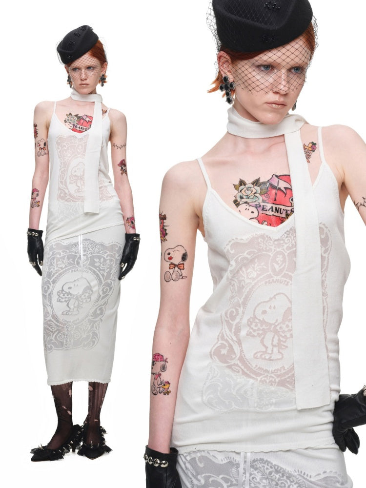 1JINN STUDIO x Snoopy Collaboration Vintage Picture Frame Slightly Sheer V-Neck Ribbon Camisole【s0000018130】