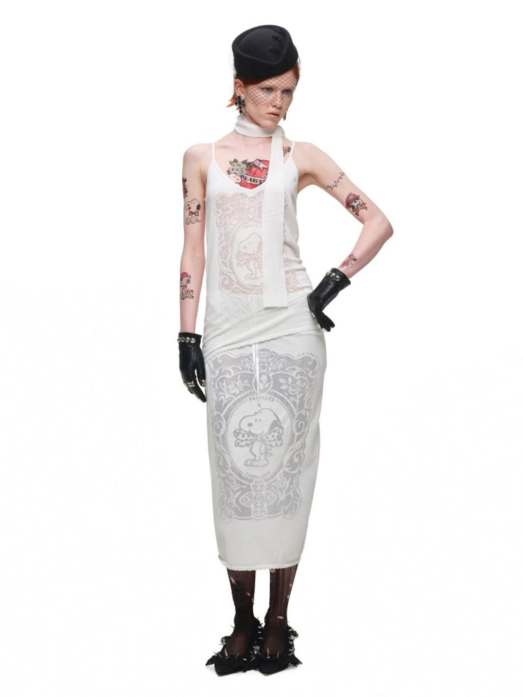 1JINN STUDIO x Snoopy Collaboration Vintage Picture Frame Slightly Sheer V-Neck Ribbon Camisole【s0000018130】