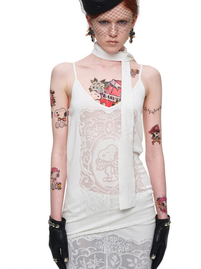 1JINN STUDIO x Snoopy Collaboration Vintage Picture Frame Slightly Sheer V-Neck Ribbon Camisole【s0000018130】
