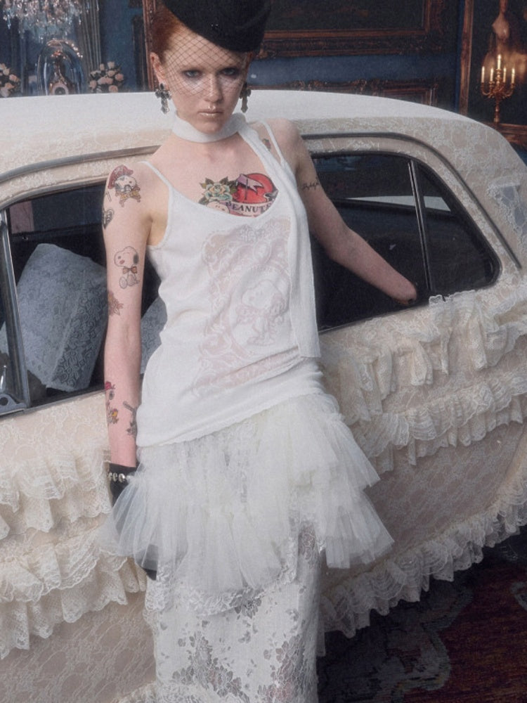 1JINN STUDIO x Snoopy Collaboration Vintage Picture Frame Slightly Sheer V-Neck Ribbon Camisole【s0000018130】