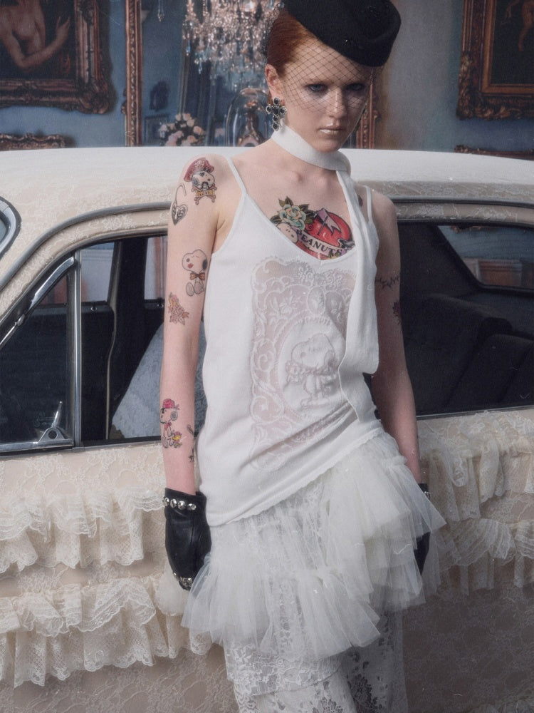 1JINN STUDIO x Snoopy Collaboration Vintage Picture Frame Slightly Sheer V-Neck Ribbon Camisole【s0000018130】