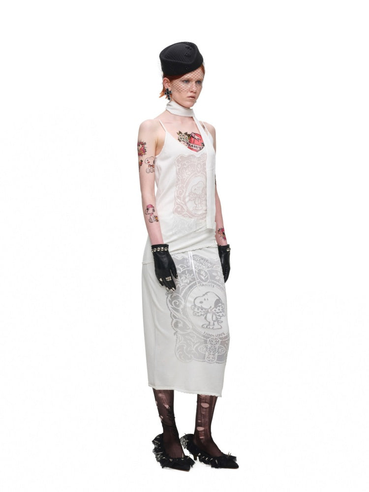 1JINN STUDIO x Snoopy Collaboration Vintage Picture Frame Slightly Sheer V-Neck Ribbon Camisole【s0000018130】