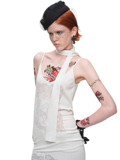 1JINN STUDIO x Snoopy Collaboration Vintage Picture Frame Slightly Sheer V-Neck Ribbon Camisole【s0000018130】