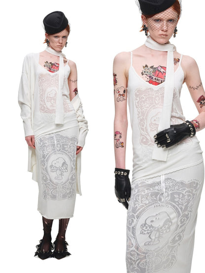 1JINN STUDIO x Snoopy Collaboration Vintage Picture Frame Slightly Sheer V-Neck Ribbon Camisole【s0000018130】
