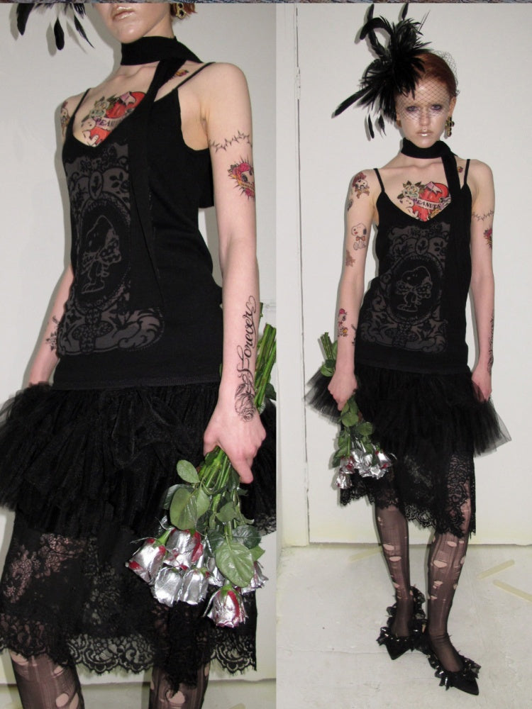 1JINN STUDIO x Snoopy Collaboration Vintage Picture Frame Slightly Sheer V-Neck Ribbon Camisole【s0000018130】