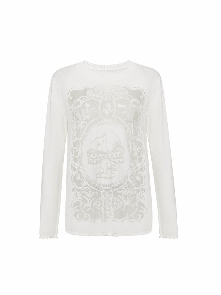 1JINN STUDIO x Snoopy Collaboration Vintage Picture Frame Burnt Floral Slightly Sheer Loose Pullover Knit Sweater【s0000018131】