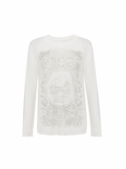 1JINN STUDIO x Snoopy Collaboration Vintage Picture Frame Burnt Floral Slightly Sheer Loose Pullover Knit Sweater【s0000018131】