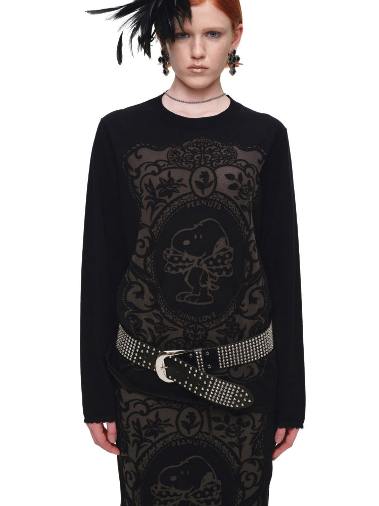 1JINN STUDIO x Snoopy Collaboration Vintage Picture Frame Burnt Floral Slightly Sheer Loose Pullover Knit Sweater【s0000018131】