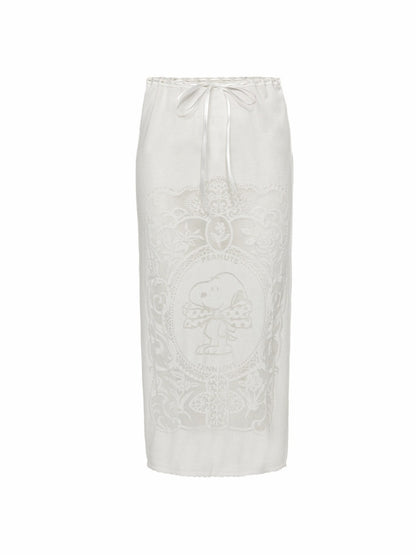 1JINN STUDIO x Snoopy Co-Branded Vintage Framed Embroidered Slightly Sheer Straight Midi Knit Skirt【s0000018132】