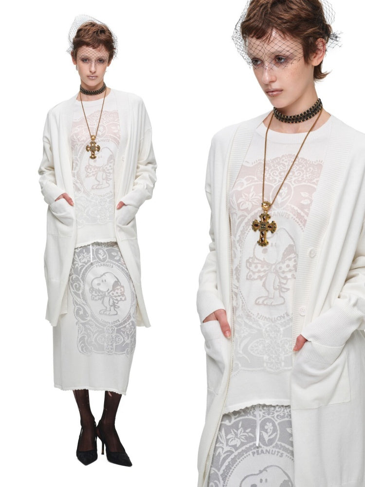1JINN STUDIO x Snoopy Co-Branded Vintage Framed Embroidered Slightly Sheer Straight Midi Knit Skirt【s0000018132】