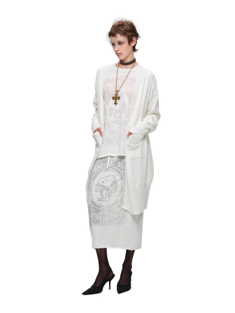 1JINN STUDIO x Snoopy Co-Branded Vintage Framed Embroidered Slightly Sheer Straight Midi Knit Skirt【s0000018132】