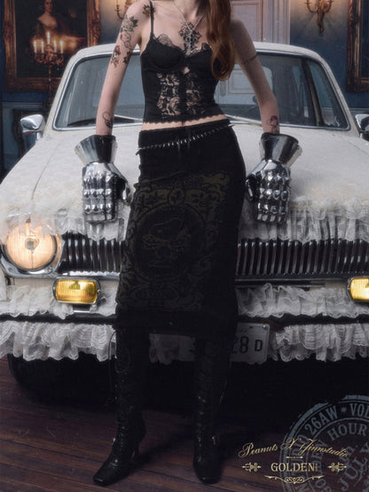 1JINN STUDIO x Snoopy Co-Branded Vintage Framed Embroidered Slightly Sheer Straight Midi Knit Skirt【s0000018132】