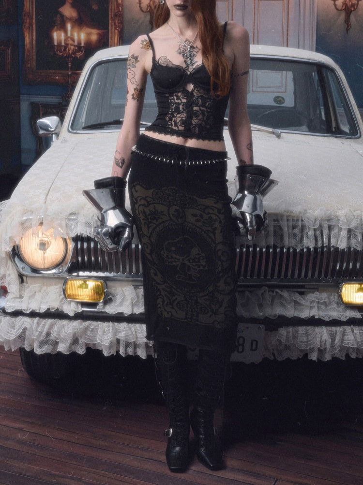 1JINN STUDIO x Snoopy Co-Branded Vintage Framed Embroidered Slightly Sheer Straight Midi Knit Skirt【s0000018132】