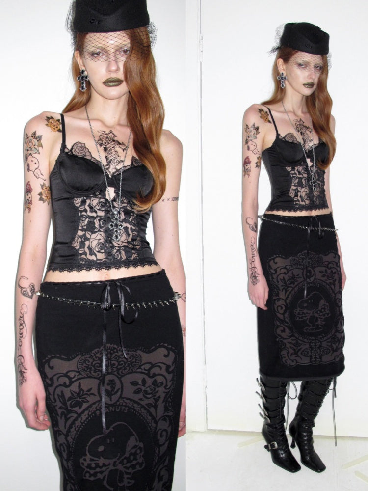1JINN STUDIO x Snoopy Co-Branded Vintage Framed Embroidered Slightly Sheer Straight Midi Knit Skirt【s0000018132】