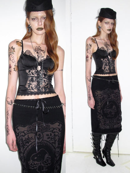 1JINN STUDIO x Snoopy Co-Branded Vintage Framed Embroidered Slightly Sheer Straight Midi Knit Skirt【s0000018132】