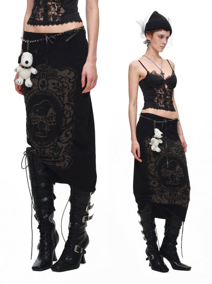 1JINN STUDIO x Snoopy Co-Branded Vintage Framed Embroidered Slightly Sheer Straight Midi Knit Skirt【s0000018132】
