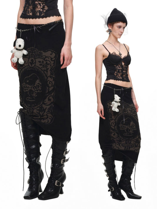 1JINN STUDIO x Snoopy Co-Branded Vintage Framed Embroidered Slightly Sheer Straight Midi Knit Skirt【s0000018132】