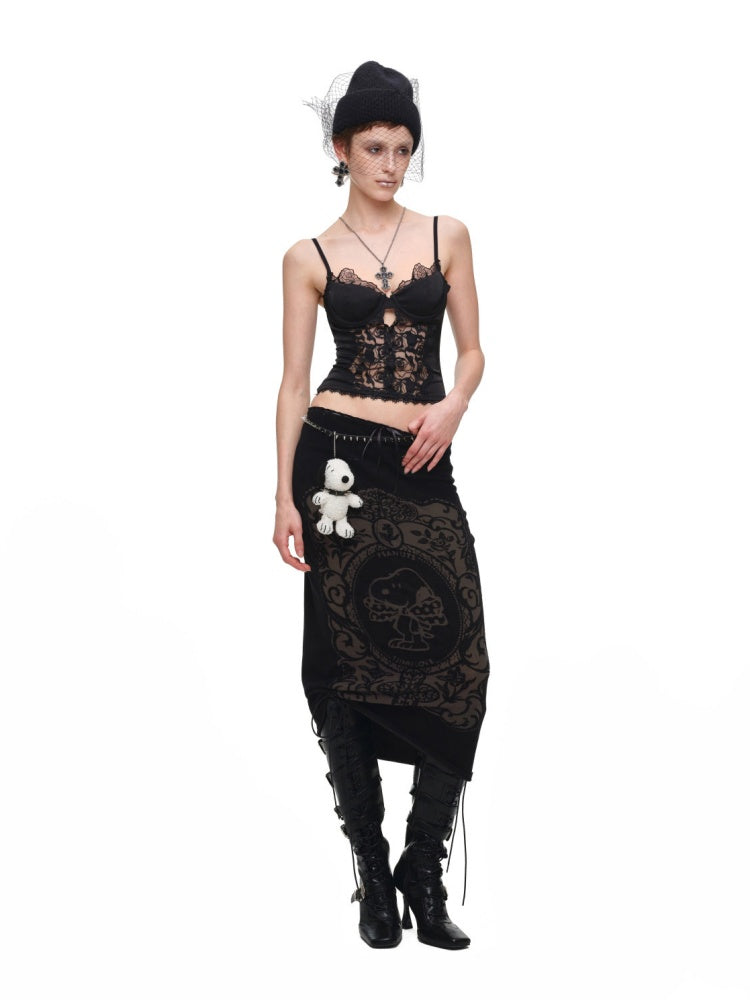 1JINN STUDIO x Snoopy Co-Branded Vintage Framed Embroidered Slightly Sheer Straight Midi Knit Skirt【s0000018132】