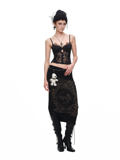 1JINN STUDIO x Snoopy Co-Branded Vintage Framed Embroidered Slightly Sheer Straight Midi Knit Skirt【s0000018132】