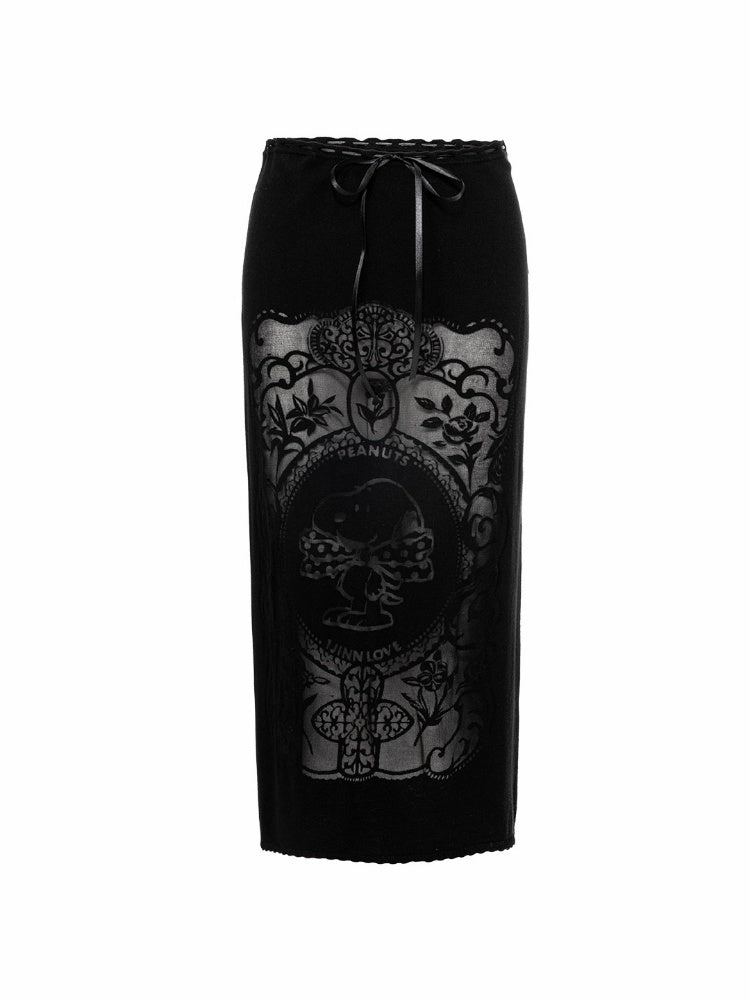 1JINN STUDIO x Snoopy Co-Branded Vintage Framed Embroidered Slightly Sheer Straight Midi Knit Skirt【s0000018132】