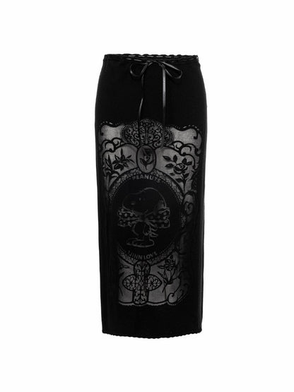1JINN STUDIO x Snoopy Co-Branded Vintage Framed Embroidered Slightly Sheer Straight Midi Knit Skirt【s0000018132】