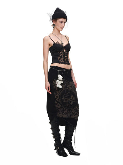 1JINN STUDIO x Snoopy Co-Branded Vintage Framed Embroidered Slightly Sheer Straight Midi Knit Skirt【s0000018132】