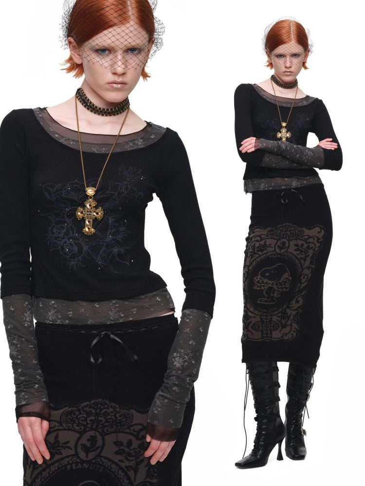 1JINN STUDIO x Snoopy Co-Branded Vintage Framed Embroidered Slightly Sheer Straight Midi Knit Skirt【s0000018132】