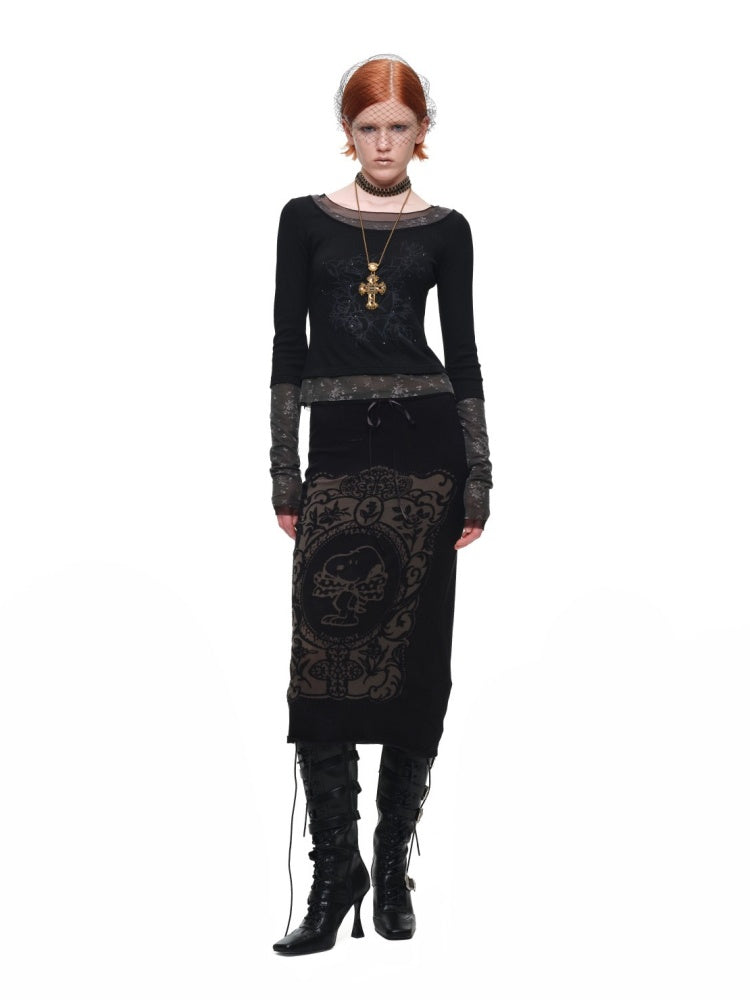 1JINN STUDIO x Snoopy Co-Branded Vintage Framed Embroidered Slightly Sheer Straight Midi Knit Skirt【s0000018132】