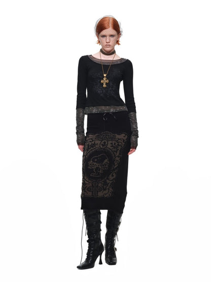 1JINN STUDIO x Snoopy Co-Branded Vintage Framed Embroidered Slightly Sheer Straight Midi Knit Skirt【s0000018132】
