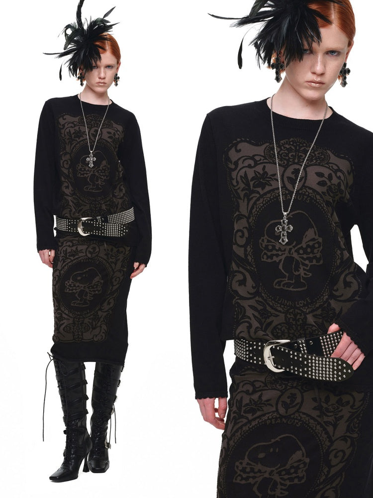 1JINN STUDIO x Snoopy Co-Branded Vintage Framed Embroidered Slightly Sheer Straight Midi Knit Skirt【s0000018132】