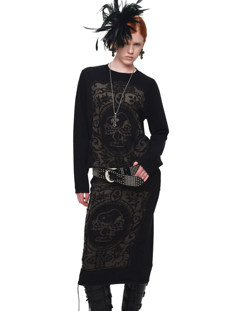 1JINN STUDIO x Snoopy Co-Branded Vintage Framed Embroidered Slightly Sheer Straight Midi Knit Skirt【s0000018132】