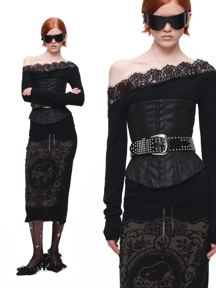 1JINN STUDIO x Snoopy Co-Branded Vintage Framed Embroidered Slightly Sheer Straight Midi Knit Skirt【s0000018132】