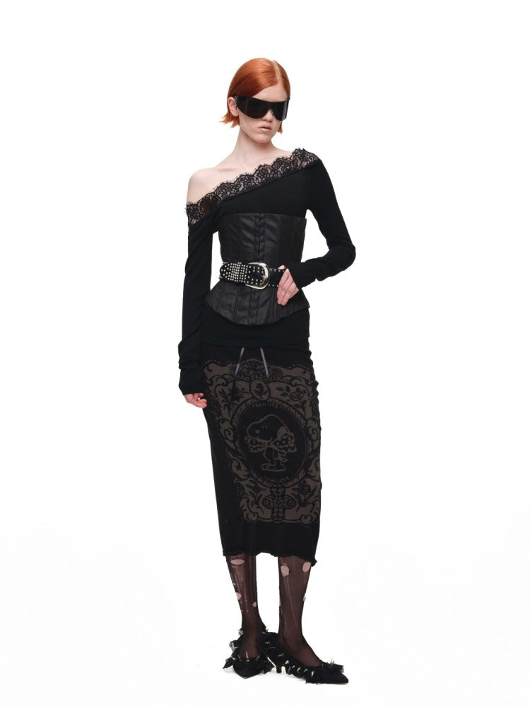 1JINN STUDIO x Snoopy Co-Branded Vintage Framed Embroidered Slightly Sheer Straight Midi Knit Skirt【s0000018132】
