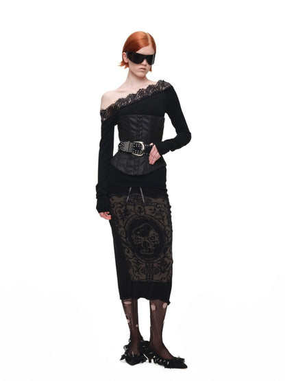 1JINN STUDIO x Snoopy Co-Branded Vintage Framed Embroidered Slightly Sheer Straight Midi Knit Skirt【s0000018132】