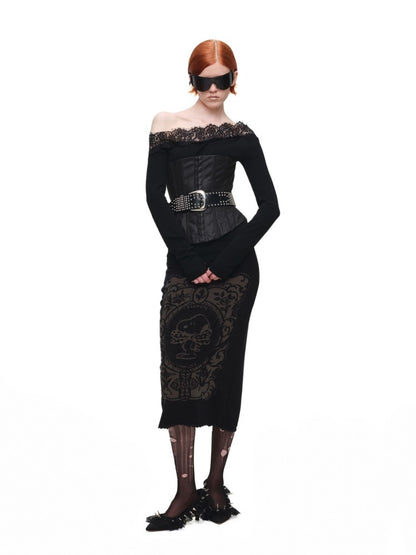 1JINN STUDIO x Snoopy Co-Branded Vintage Framed Embroidered Slightly Sheer Straight Midi Knit Skirt【s0000018132】