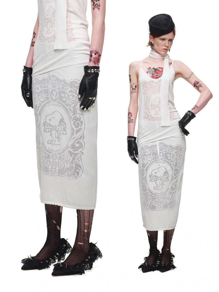 1JINN STUDIO x Snoopy Co-Branded Vintage Framed Embroidered Slightly Sheer Straight Midi Knit Skirt【s0000018132】