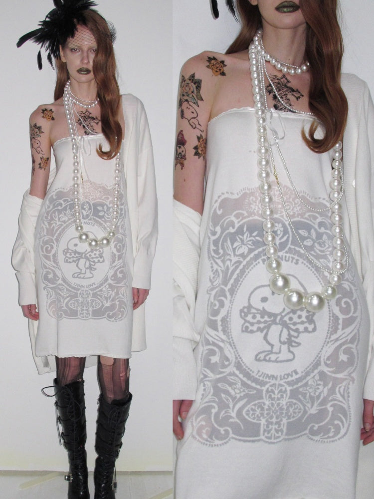 1JINN STUDIO x Snoopy Co-Branded Vintage Framed Embroidered Slightly Sheer Straight Midi Knit Skirt【s0000018132】