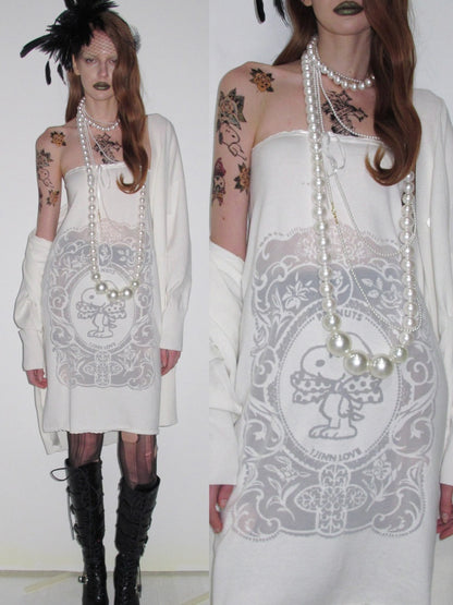 1JINN STUDIO x Snoopy Co-Branded Vintage Framed Embroidered Slightly Sheer Straight Midi Knit Skirt【s0000018132】