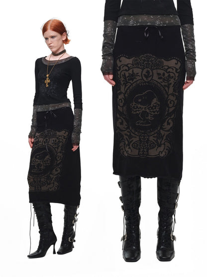1JINN STUDIO x Snoopy Co-Branded Vintage Framed Embroidered Slightly Sheer Straight Midi Knit Skirt【s0000018132】
