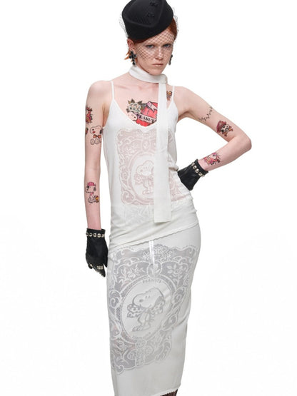 1JINN STUDIO x Snoopy Co-Branded Vintage Framed Embroidered Slightly Sheer Straight Midi Knit Skirt【s0000018132】