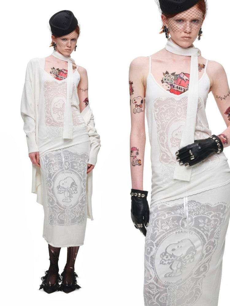 1JINN STUDIO x Snoopy Co-Branded Vintage Framed Embroidered Slightly Sheer Straight Midi Knit Skirt【s0000018132】