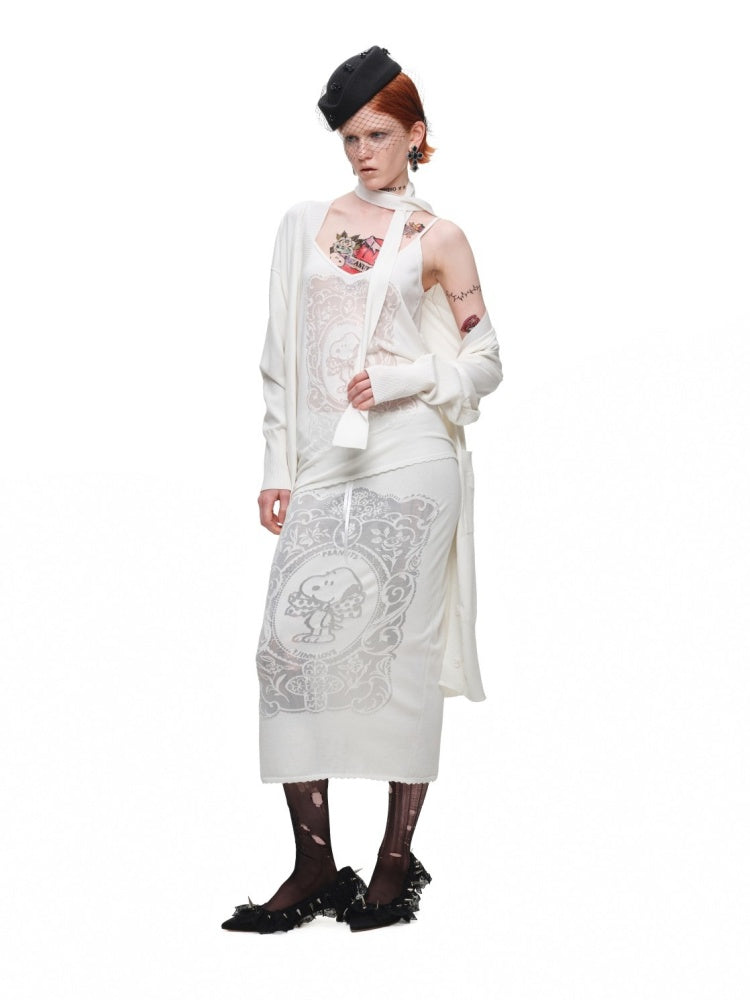 1JINN STUDIO x Snoopy Co-Branded Vintage Framed Embroidered Slightly Sheer Straight Midi Knit Skirt【s0000018132】