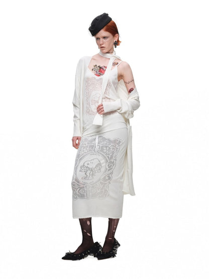 1JINN STUDIO x Snoopy Co-Branded Vintage Framed Embroidered Slightly Sheer Straight Midi Knit Skirt【s0000018132】