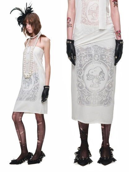 1JINN STUDIO x Snoopy Co-Branded Vintage Framed Embroidered Slightly Sheer Straight Midi Knit Skirt【s0000018132】